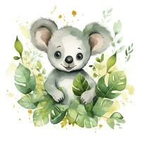 AI generated Happy cute koala in leaves in the watercolor style on the white background. AI Generated photo