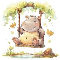 AI generated Cute happy baby rhino on swings in the tree in watercolor style. AI Generated photo