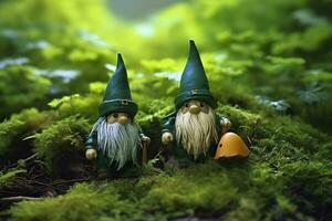 AI generated Toy Irish gnomes in a mystery forest, abstract green natural background. Generative AI photo