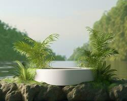 AI generated Stone product display podium for cosmetic product with green nature garden background. Generative AI photo