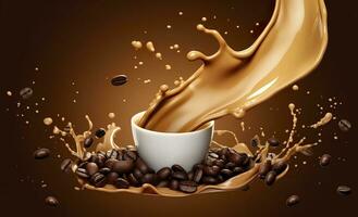 AI generated hot liquid coffee splash with Coffee Bean falling, 3d illustration. AI Generated photo