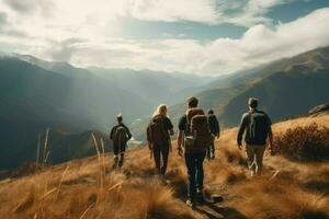 ai generado grupo de amigos excursionismo en montañas, un grupo de amigos excursionismo en el montañas a puesta de sol ai generado foto