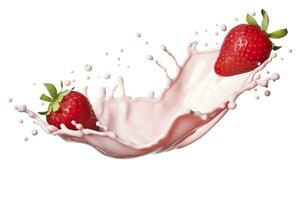 AI generated milk or yogurt splash with strawberries isolated on white background, 3d rendering. AI Generated photo