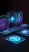 AI generated Some playing cards with glowing neon designs on a tablet. Generative AI photo