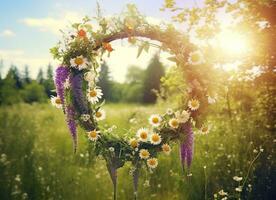 AI generated Rustic wildflowers wreath on a sunny meadow. Summer Solstice Day, Midsummer concept. Generative AI photo