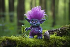 AI generated Tale troll with crystals in the forest, natural green background. Generative AI photo