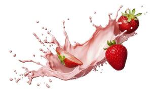 AI generated milk or yogurt splash with strawberries isolated on white background, 3d rendering. AI Generated photo