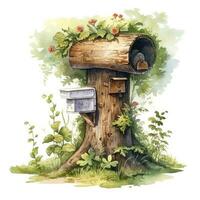 AI generated Watercolor mailbox in a tree on a white background. AI Generated photo