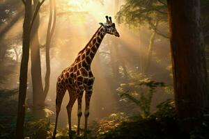 AI generated Giraffe walking across the African forest Ai generated photo