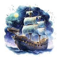 AI generated Night sea ship watercolor style for T-shirt design. AI Generated photo