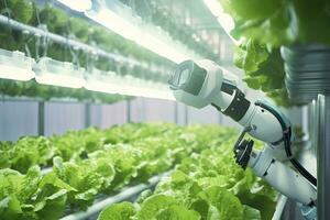 ai generado automático agrícola tecnología con de cerca ver de robótico brazo cosecha lechuga en vertical hidropónico planta. ai generado foto