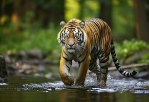 AI generated Amur tiger walking in the water. Dangerous animal.  Animal in a green forest stream. Generative AI photo