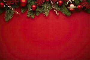 AI generated Christmas or New Year red background with fir decor. AI Generated photo