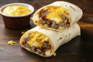 AI generated Breakfast burrito with sausage, eggs, hashbrown and cheese. AI Generated photo