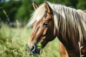 AI generated Brown horse with blond hair eats grass on a green meadow detail from the head. AI Generated photo