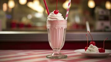 AI generated Cherry Milkshake in a Classic American Diner.  food photography concept. Generative AI photo