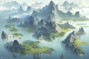 ai generado chino paisaje mapa, distante montañas, claro ríos, antiguo edificios, buques, aves, nubes y neblina, brillante luz, ai generativo foto