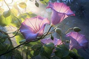 AI generated Morning Glory vine unfurling its delicate petals in the morning light. AI Generated photo