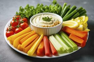 AI generated Crop shot of plate with colorful healthy sliced vegetables. AI Generated photo