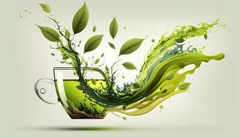 AI generated Green herbal tea wave splash with leaves flow. AI Generated photo