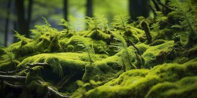 AI generated Green moss closeup, with a backdrop of woodland.  Forest in the national park. AI Generated photo