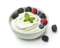 AI generated Green bowl of greek yogurt and fresh berries isolated on white background. AI Generated photo