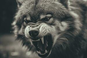 AI generated Greyscale closeup shot of an angry wolf with a blurred background. AI Generated photo