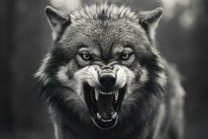 AI generated Greyscale closeup shot of an angry wolf with a blurred background. AI Generated photo