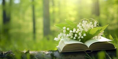 AI generated Lily of the Valley flowers and old books in the forest, green natural background. AI Generated photo