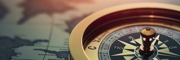 AI generated Magnetic compass and location marking with a pin on routes on world map. AI Generated photo