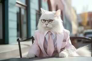 AI generated A cat is wearing sunglasses, suit and standing on street. AI Generated photo