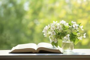 AI generated Jasmine flowers in a vase and open book on the table, green natural background. AI Generated photo