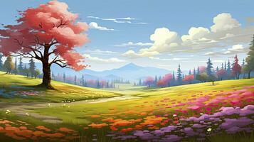 AI generated Spring season with colorful flowers and trees in a pretty meadow or field. AI Generated. photo