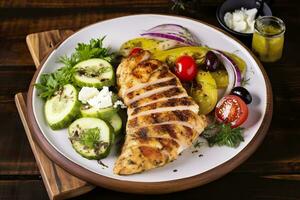 AI generated Seared chicken breast and Greek salad on a wooden table. Generative AI photo