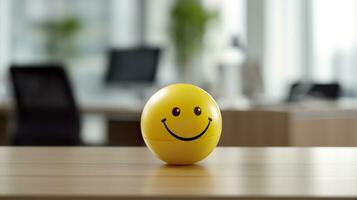 ai generado un amarillo sonriente pelota lata promover un positivo trabajo ambiente. generativo ai foto