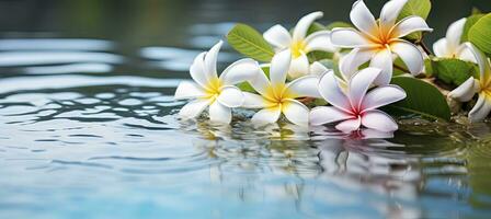 ai generado plumeria flores en verde hoja flotante en agua. un pacífico y sereno escena con un toque de naturaleza y belleza. ai generado foto