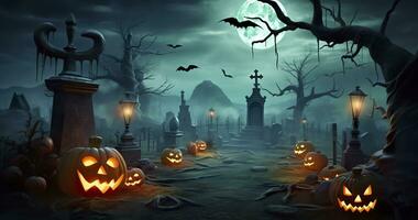 AI generated Pumpkins In Graveyard In The Spooky Night, Halloween Backdrop. Generative AI photo