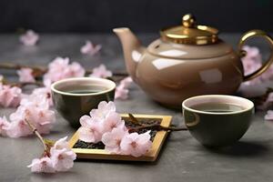 AI generated Traditional ceremony. Cups of brewed tea, teapot and sakura flowers on grey table. Generative AI photo