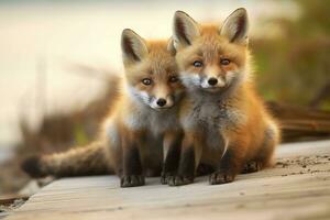 AI generated Wild baby red foxes cuddling at the beach. Generative AI photo