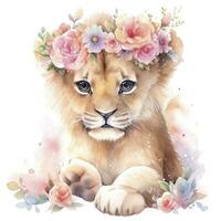 AI generated Watercolor Baby Lion. AI Generated photo