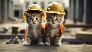 ai generado dos gatitos vistiendo difícil sombreros en un construcción sitio. generativo ai foto