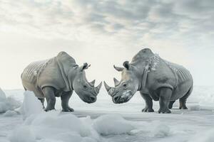 AI generated Two Rhinoceros getting ready for fight on Ice. AI Generated photo