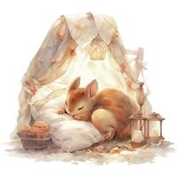 AI generated A sleepy baby squirrel in a bedding. watercolor illustration. AI Generated photo