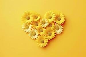 AI generated Yellow Heart Shaped By Yellow Daisies Over Yellow Background. AI Generated photo