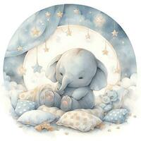 AI generated An elephant on a bed with stars and blankets around the circle. AI Generated photo