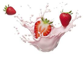 AI generated milk or yogurt splash with strawberries isolated on white background, 3d rendering. AI Generated photo