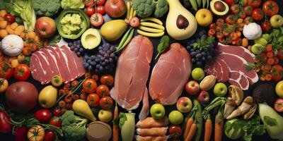 ai generado diferente tipos de carnes, verduras, y frutas laico en supermercados generativo ai foto