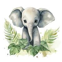 ai generado contento linda bebé elefante en verde hojas en el acuarela estilo. ai generado foto