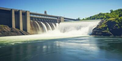 ai generado hidroeléctrico represa generando verde energía desde fluido agua. ai generado. foto