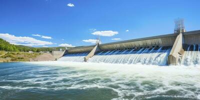 AI generated Hydroelectric dam generating green energy from flowing water.   AI Generated. photo